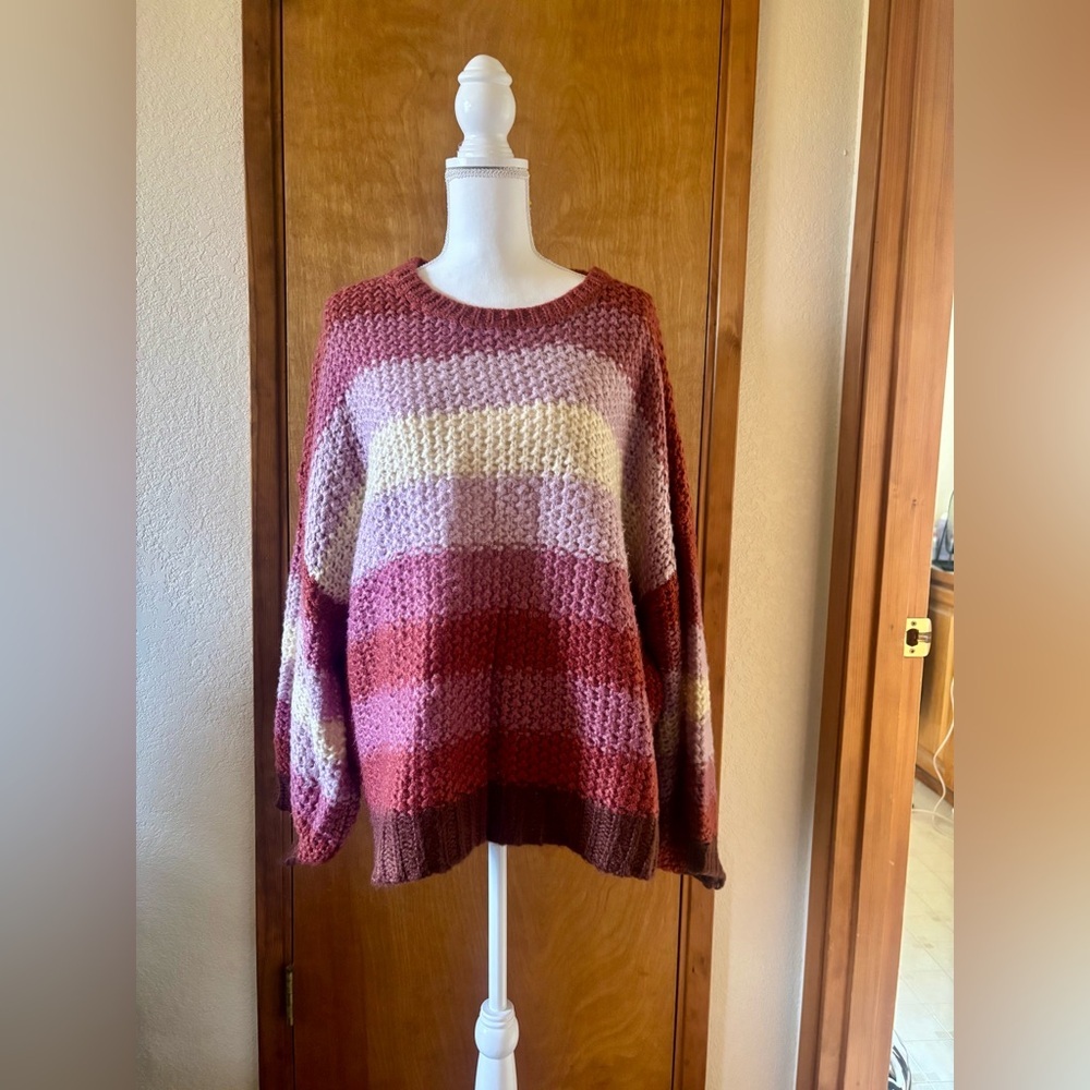 Cozy Striped Knit oversized Sweater - Burgundy, Lavender, Cream